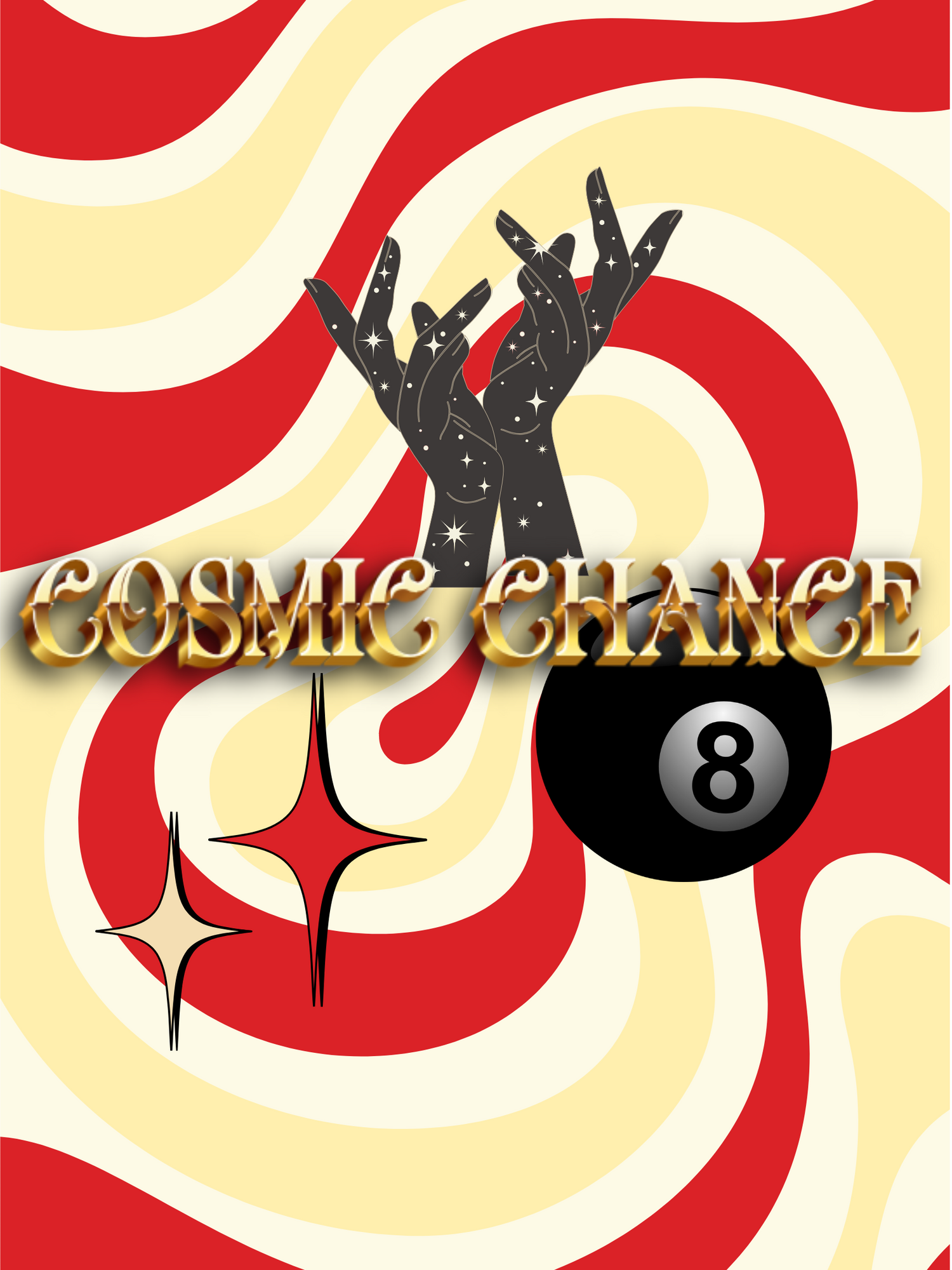 A retro funky banner with Cosmic Chance, an 8 ball and some retro stars