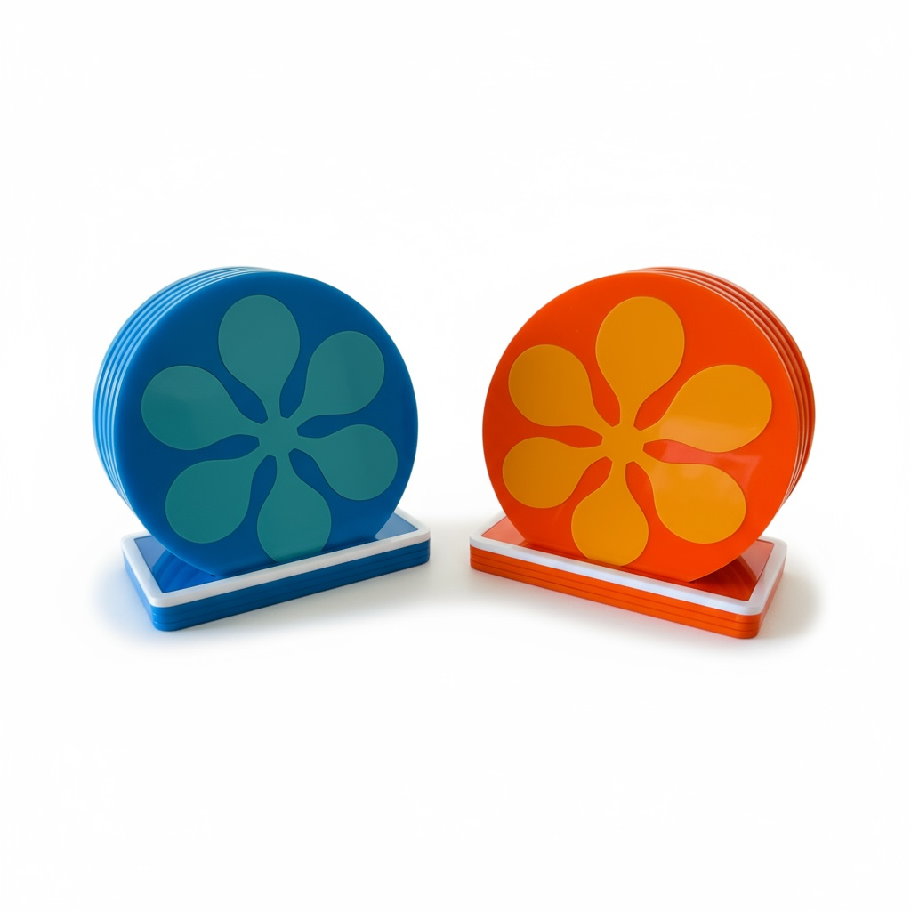 Two colorful coaster sets with retro flower designs on a white background