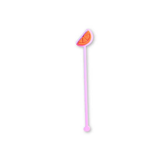 swizzle stick in pink acrylic with an orange slice layered on it