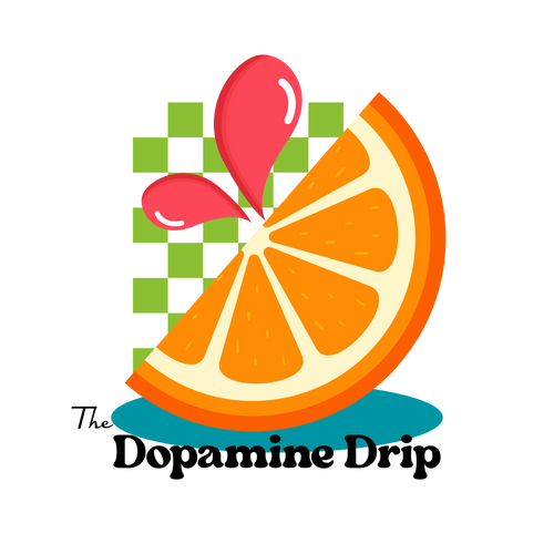 Logo of 'The Dopamine Drip' with an orange slice and pink droplets on a white background.
